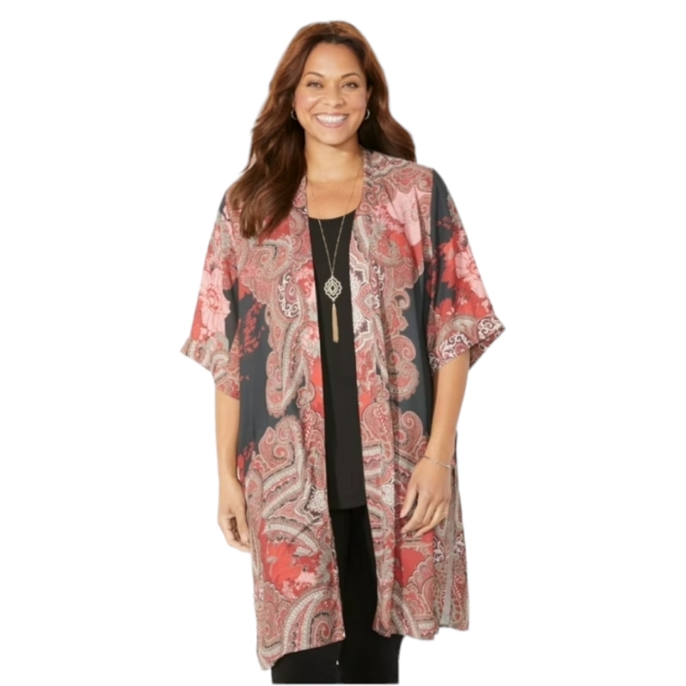 Catherines Women's Black Floral Paisley Plussize Lux Georgette Long Kimono 14 16